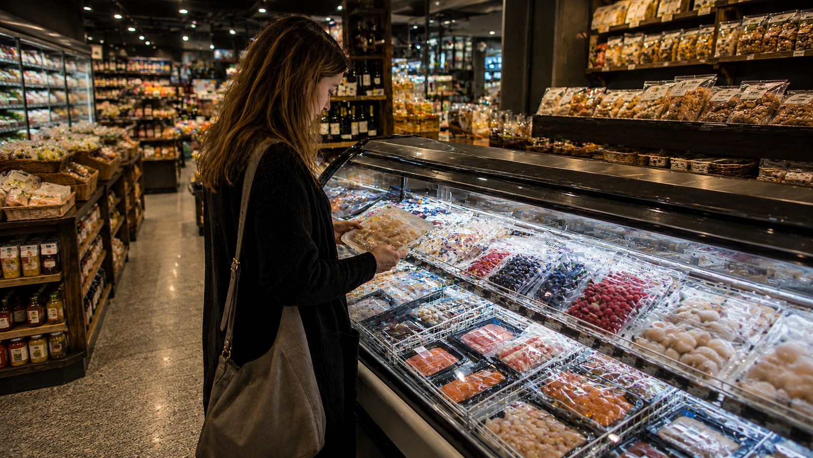 premium gourmet retail store aisle with high-quality frozen products in sophisticated packaging