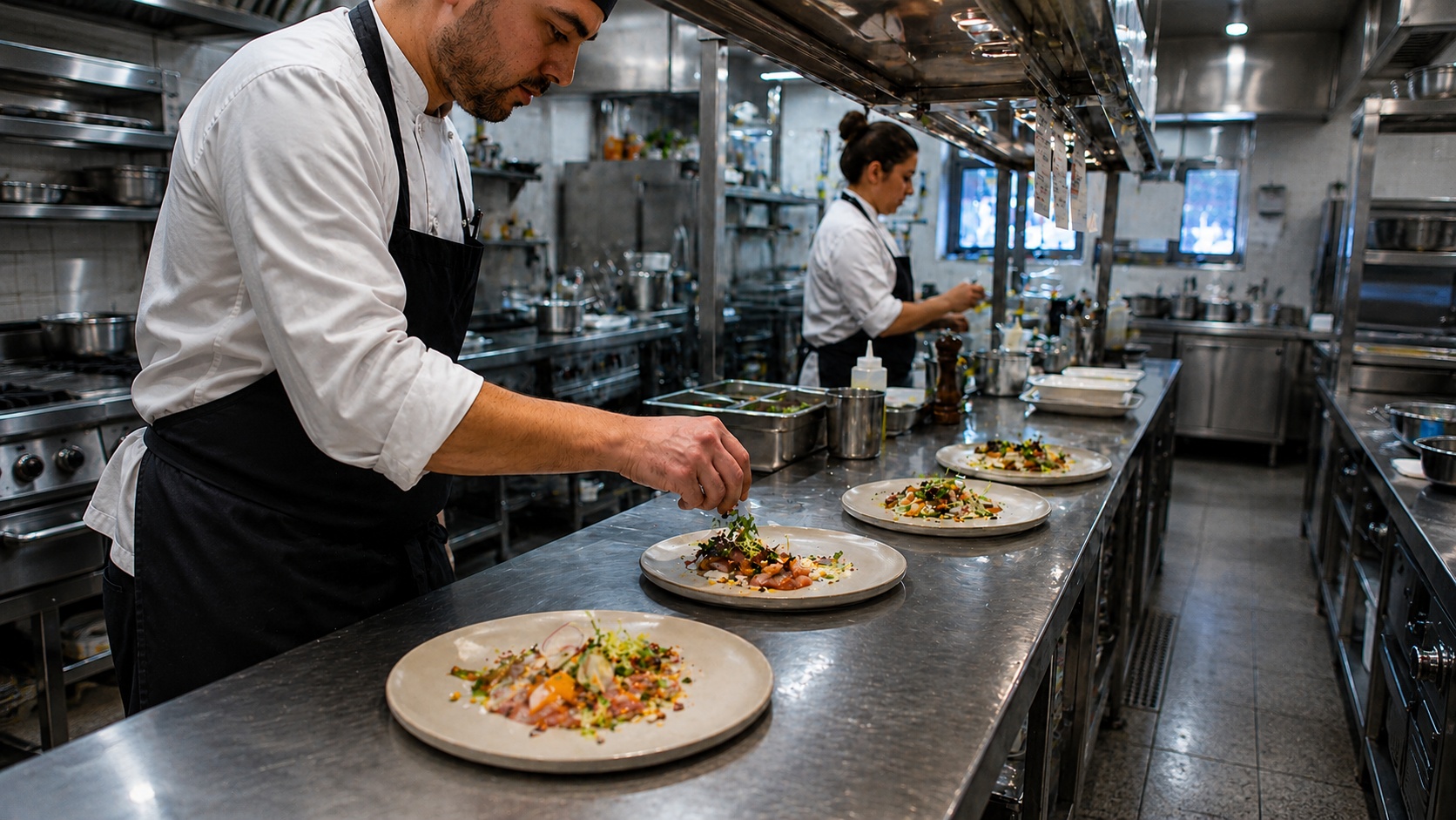 high-end luxury commercial kitchen with chefs preparing gourmet dishes
