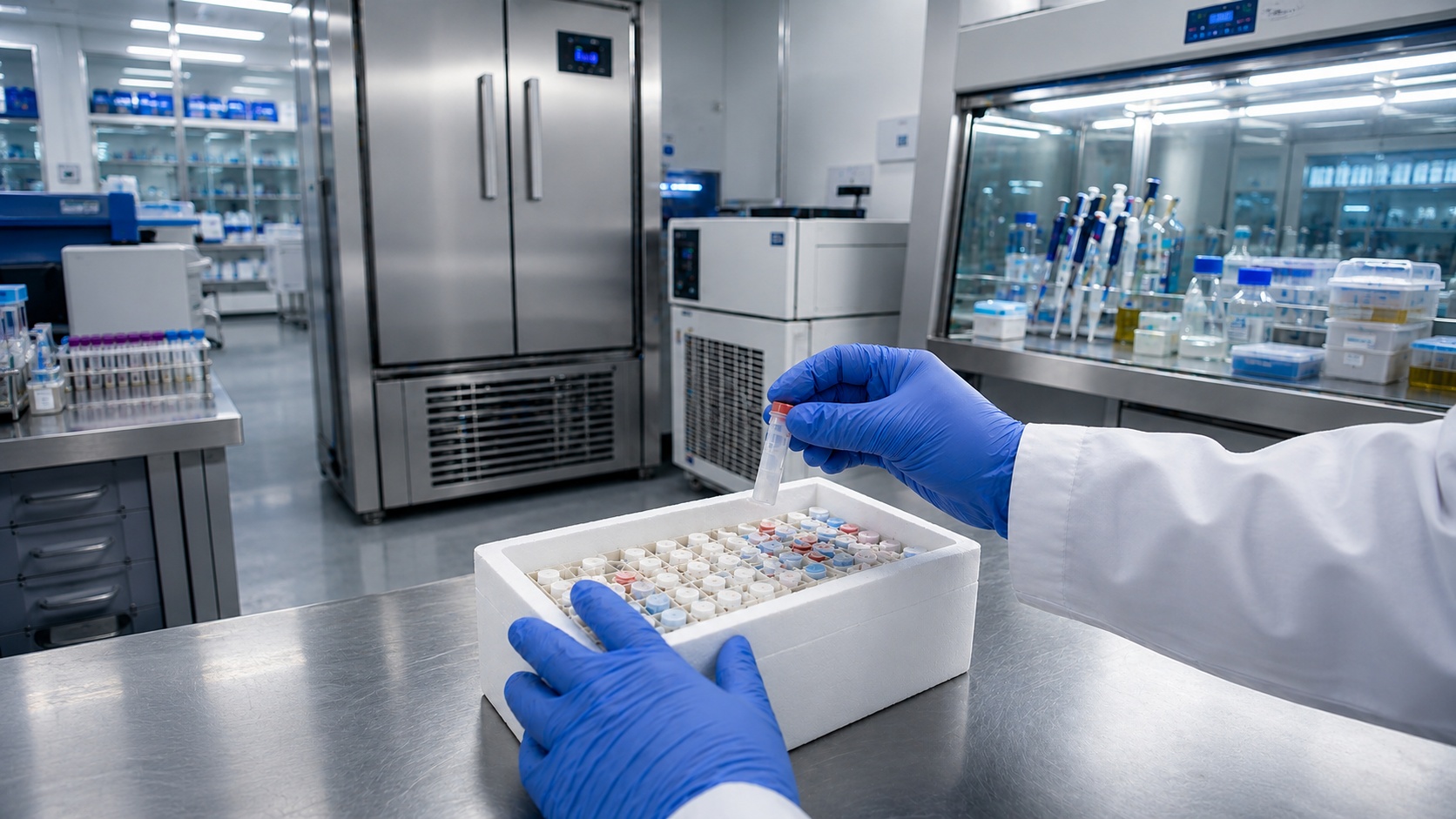 clean high-tech medical laboratory setting with cryogenic storage equipment and biological samples